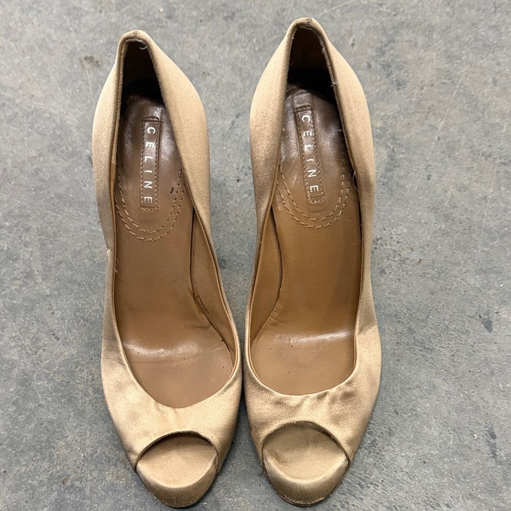 Celine Gold Satin Peep-Toe Heels